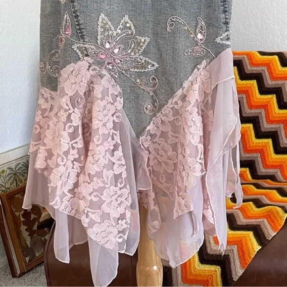 SOLD Vintage H.I.T Jeans USA Fairy Boho Denim Embellished Embroidered Skirt - Picture 6 of 10